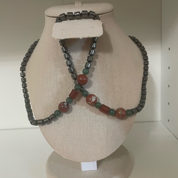 handmade Jewelry - Rare Vintage Bloodstone Hematite Barrel Necklace size 14inch